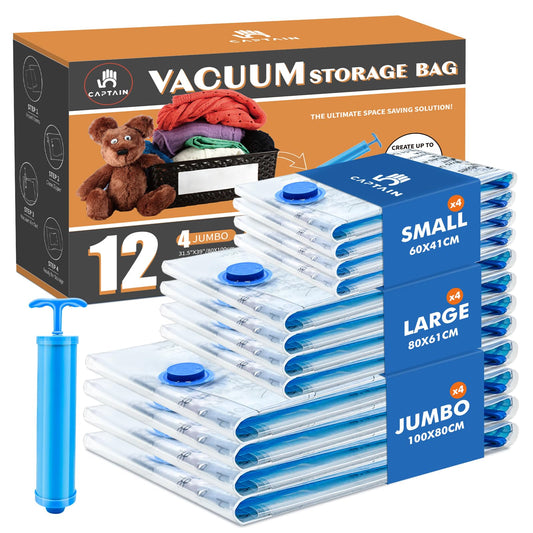 Vacuum bags for clothing comforters 12 pieces, CaptainFive Vacuum Storage Bags 3 sizes (4 * 100x80cm + 4 * 80x61cm + 4 * 60x41cm) Vacuum Compression Bags Storage Bags Travel with Vacuum Cleaner Hand Pump
