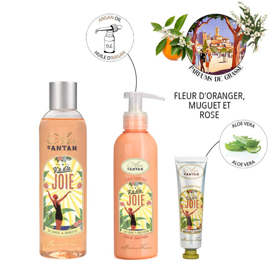 French gift set for women/Scent Orange blossom, lily of the valley/1 shower gel 250ml + 1 body lotion 200ml + 1 hand cream 25ml/Metal box/Un Air d'Antan/Bath additive for women/Wellness set.