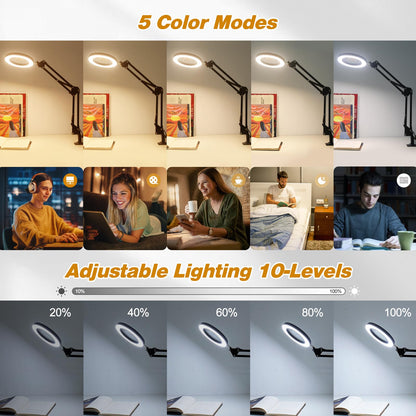 NEWACALOX Desk LED Magnifying Lamp, dimmable Super Bright Adjustable Desk Lamp with 5X Magnifying Glass, 3-color illuminated Magnifier with Daylight and Adjustable Swing Arm.