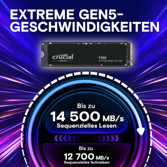 Crucial T705 2TB SSD PCIe Gen5 NVMe M.2, up to 14,500MB/s, Microsoft DirectStorage, PCIe 4.0 compatible, Internal Solid State Drive - CT2000T705SSD3