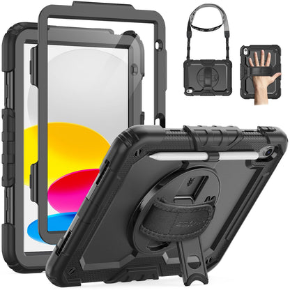 SEYMAC Case for iPad (A16) 11th/10th Generation 11/10.9 inch 2025/2022, Shockproof iPad 11th Generation Case with Screen Protector, 360° Rotatable Stand/Hand Strap, Shoulder Strap, Pencil Holder, Black