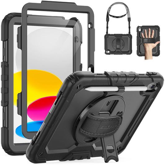 SEYMAC Case for iPad (A16) 11th/10th Generation 11/10.9 inch 2025/2022, Shockproof iPad 11th Generation Case with Screen Protector, 360° Rotatable Stand/Hand Strap, Shoulder Strap, Pencil Holder, Black