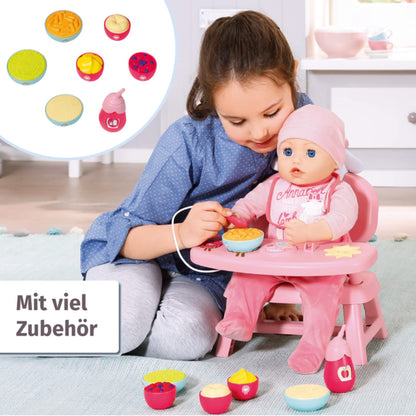 Baby Annabell Lunch Time Table, doll chair and table with light and sound effects, meals, bottle and spoon, for 36 and 43 cm dolls, 701911 Zapf Creation