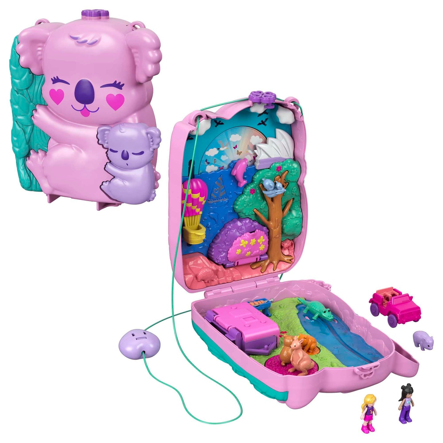 Polly Pocket carrying case, Koala Bear in animal adventure theme, includes 2 dolls, 5 animals, and 1 car, interactive features for immersive play, toy for ages 4 and up, GXC95.