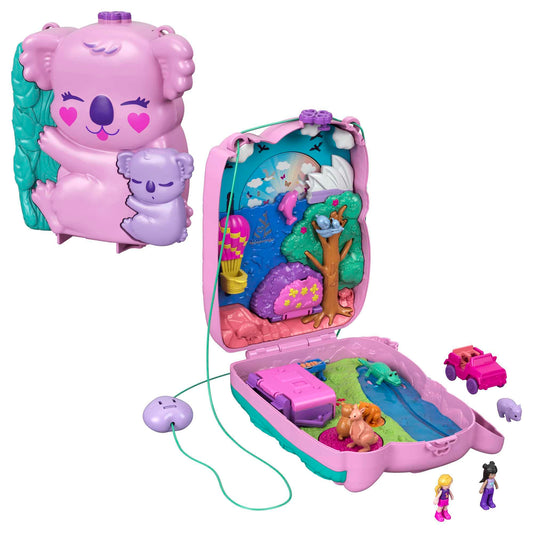 Polly Pocket carrying case, Koala Bear in animal adventure theme, includes 2 dolls, 5 animals, and 1 car, interactive features for immersive play, toy for ages 4 and up, GXC95.
