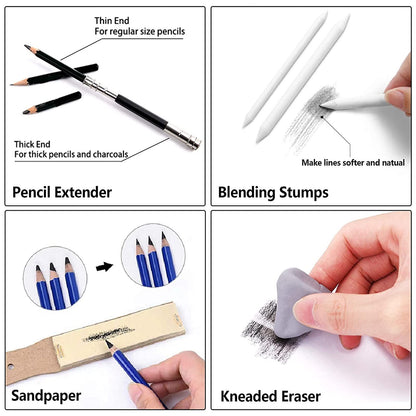 Cozii 51-piece charcoal pencil set includes graphite and color pencils, sketchbook, drawing supplies, and zippered carry case. Perfect for artists, adults.