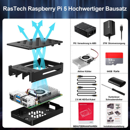 RasTech Raspberry Pi 5 8GB Kit 64GB Edition with Active Cooler, 27W 5.1V5A USB-C power supply, Pi5 8GB board, 64GB card reader kit, Pi 5 case, dual 4K micro HDMI cable, and user manual.