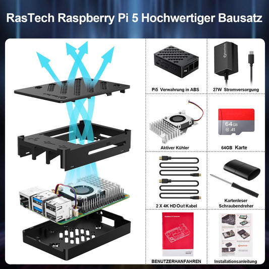 RasTech Raspberry Pi 5 8GB Kit 64GB Edition with Active Cooler, 27W 5.1V5A USB-C power supply, Pi5 8GB board, 64GB card reader kit, Pi 5 case, dual 4K micro HDMI cable, and user manual.