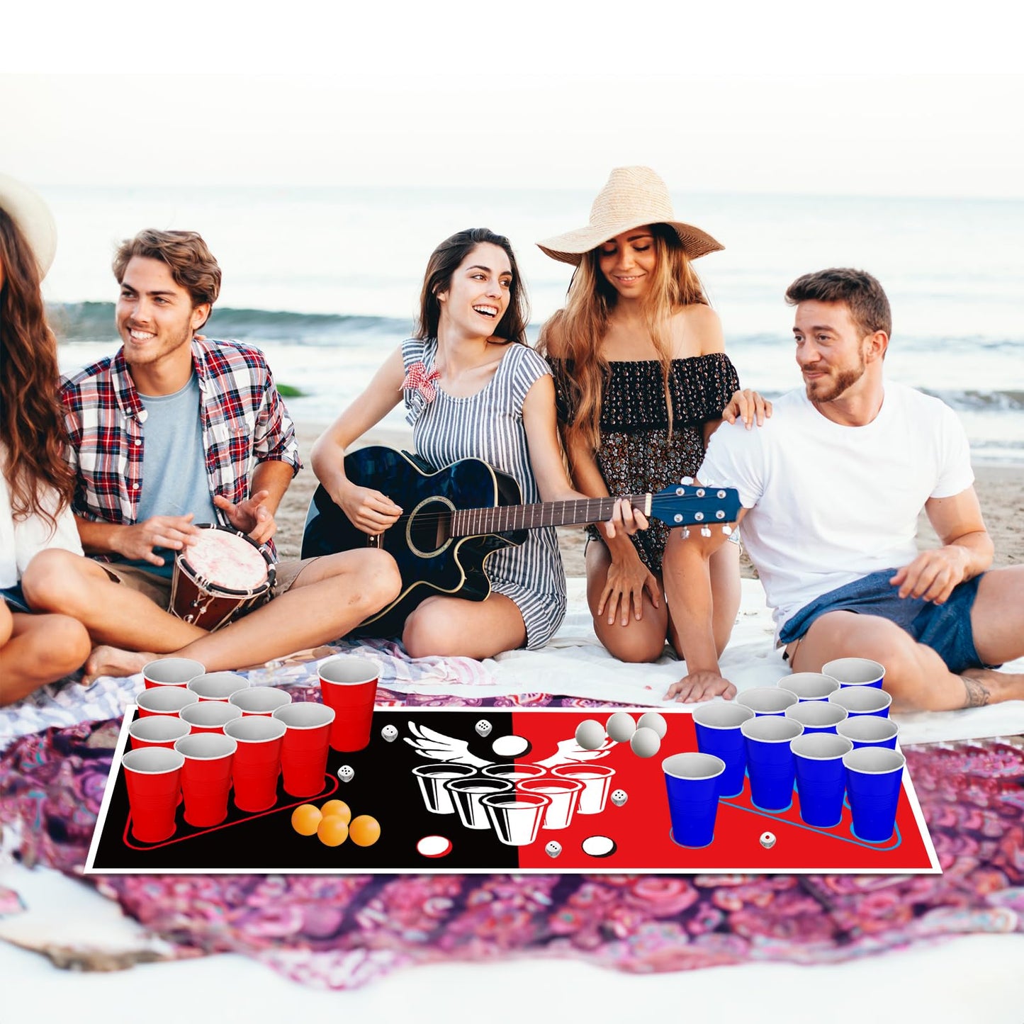 Faburo table tennis balls cup set, 180x60cm table mat set with 30 cups+8 table tennis balls+10 dice+table mat, party cup table mat game for party Christmas, red table mat