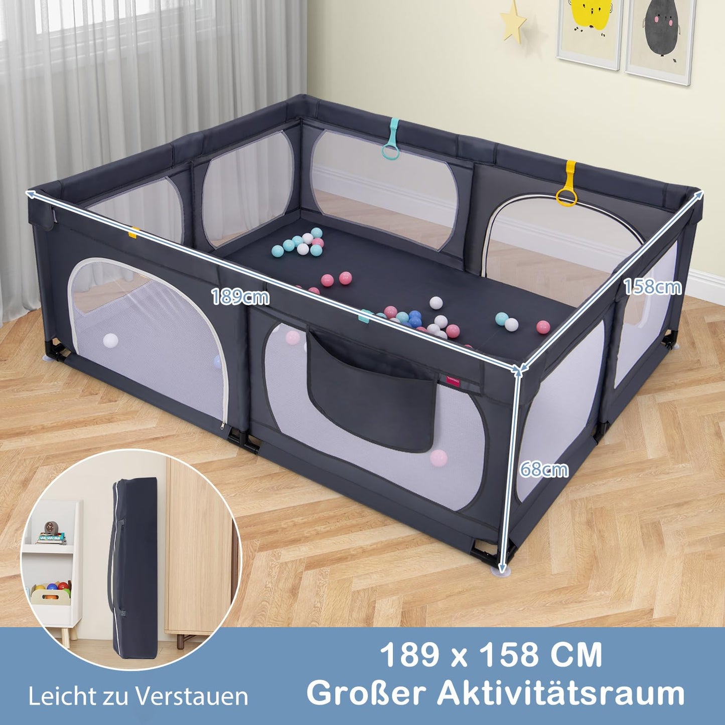 DREAMADE Playpen for Baby, 189 x 158 cm Play Yard with 4 Pull Rings & 50 Ocean Balls & Carrying Bag, Large Safety Fence for Babies & Toddlers 0-3 Years (without Mattress, Dark Gray)