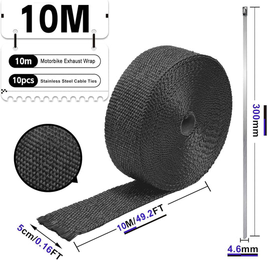 10M Exhaust Heat Wrap, Foneso exhaust wrap, Heat Shield Exhaust Wrap, Black Exhaust Heat Wrap with 10 Stainless Steel Zip Ties, for Motorcycle Headers Thermo Wrap Header Wrap