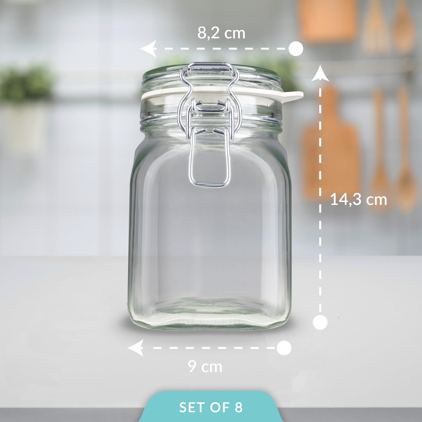 Creative Home 8 x Mason Jars with Clamp Lid | Jars 750ml | Mason Jar Canning Jars with Lid and Rubber Ring | Clamp Jar airtight | 12 Reusable Stickers + 1 Anti-Dust Chalk