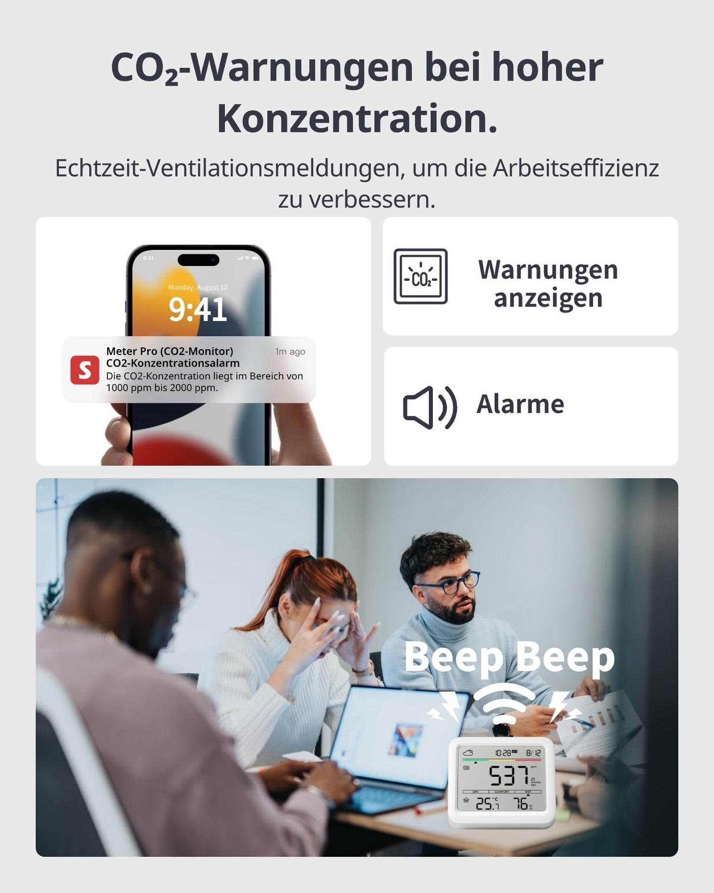 SwitchBot CO2 monitor, CO2 meter with thermometer hygrometer, indoor air quality monitor with CO2 alarm, Bluetooth CO2 sensor with app, 2-year data storage, hub required.