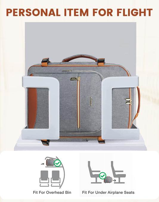 LOVEVOOK carry-on backpack, 40L large travel backpack for women, airplane suitcase travel backpack, waterproof duffel with 17-inch laptop compartment for travel, business trip, weekend hiking, gray.