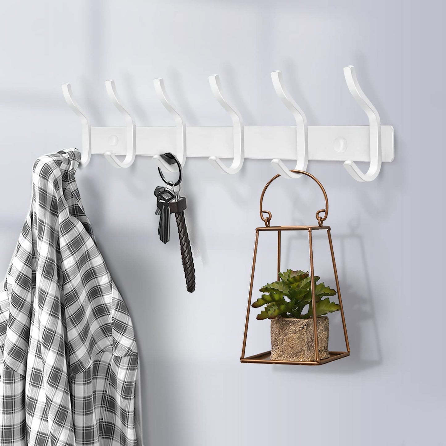 MEIJO stainless steel coat hooks, hook rail with 6 hooks, coat rack wall mounted for bedroom bathroom kitchen (White, 6 hooks 2 pieces)