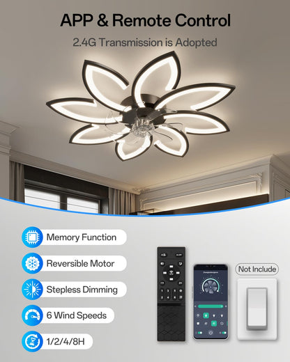 YUNLONG 90cm Ceiling Fan with Light, Very Quiet Living Room Dimmable LED Lamp with Fan, Modern DC Motor Fan with Light, Summer/Winter Function for Bedroom Kitchen, Black