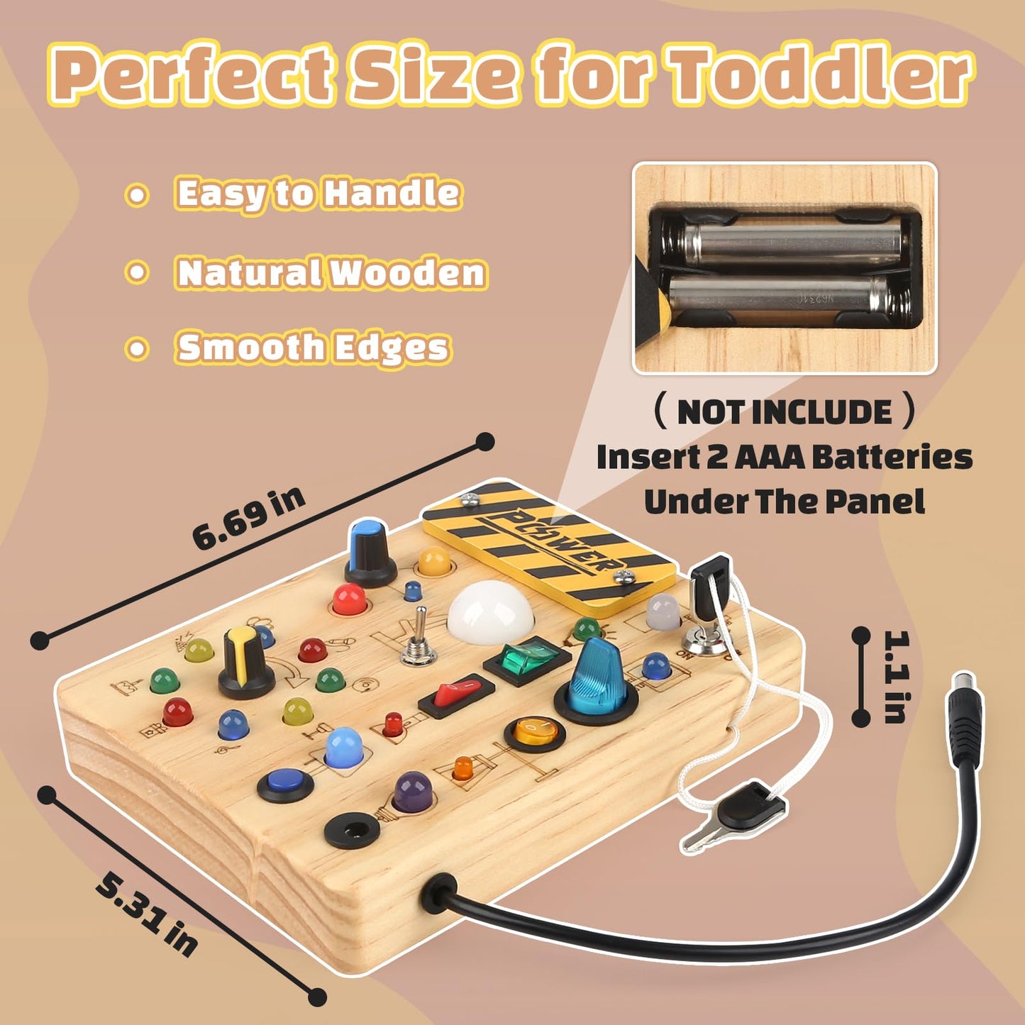 Baby Montessori Busy Board for 2 years and up, motor skills toy with 19 LEDs, activity board wooden toy educational sensory toy, gift for boys and girls aged 2, 3, 4 years.