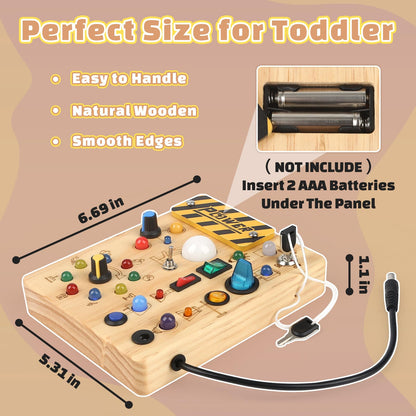 Baby Montessori Busy Board for 2 years and up, motor skills toy with 19 LEDs, activity board wooden toy educational sensory toy, gift for boys and girls aged 2, 3, 4 years.