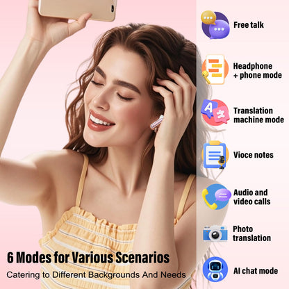 AI headphone translator, 3-in-1 Bluetooth 5.3 real-time voice translator headphones with 164 languages/6 translation modes, 40hr translator earbuds with ENC mic and app for learning, traveling, business Pink