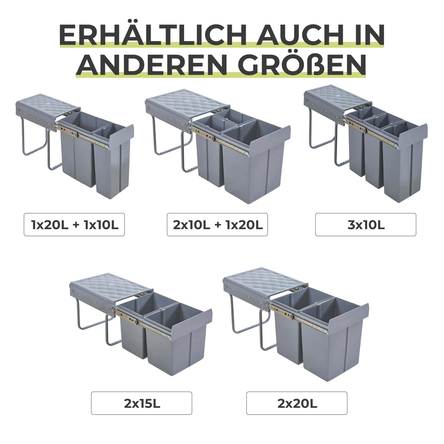[en.casa] Built-in waste bin Froland waste bin 3 compartments waste separation system extendable trash can kitchen 2x10L+1x20L removable containers 48 x 34 x 42 cm kitchen waste bin Gray
