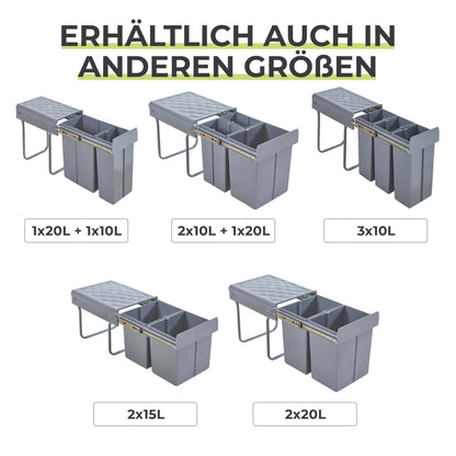[en.casa] Built-in waste bin Froland waste bin 3 compartments waste separation system extendable trash can kitchen 2x10L+1x20L removable containers 48 x 34 x 42 cm kitchen waste bin Gray