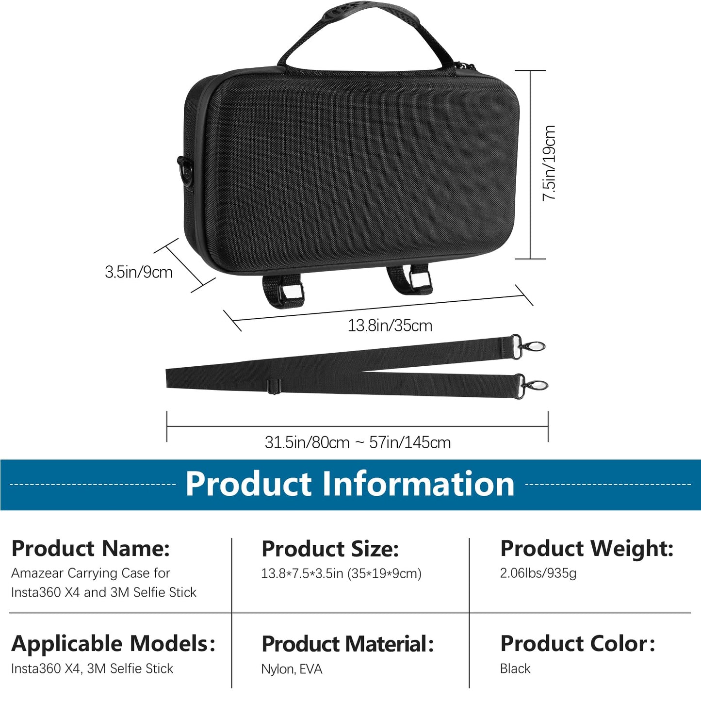 AMAZEAR carrying bag for Insta360 X4 / X5 case, compatible with 3m 9.8ft Extended Edition selfie stick, portable waterproof shoulder bag for Insta360 X5 / Insta360 X4 / X3 ONE X2 accessories.