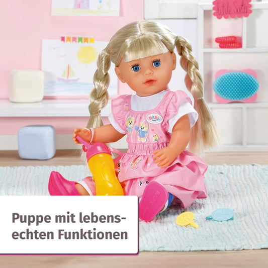 BABY born Kindergarten Little Sister doll with hair and functions, no batteries required. Includes accessories. Suitable for children aged 3 and up. 36 cm tall. Zapf Creation product number 828533.