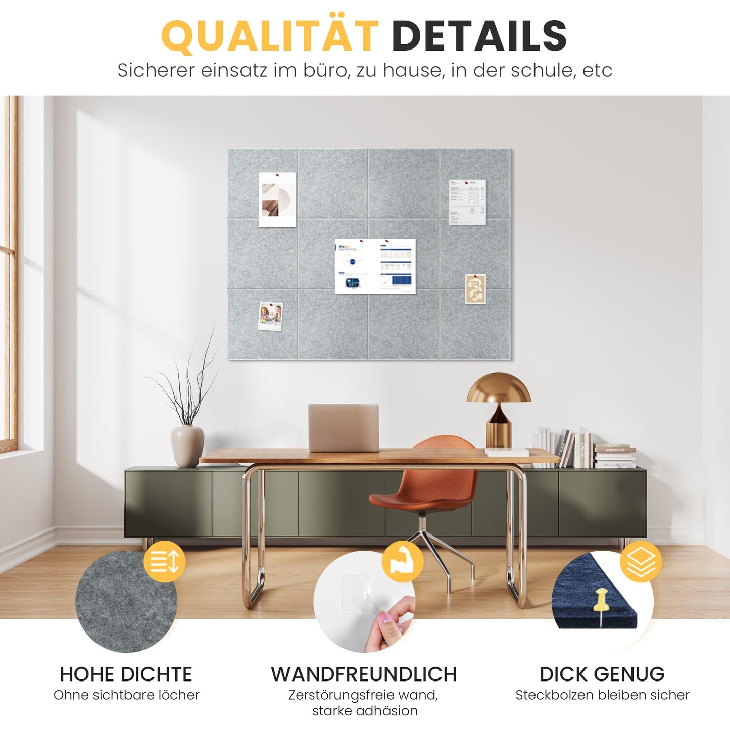 Large cork bulletin board for wall 120x90cm, 12 pack of felt wall tiles with 60 push pins, 50 secure removable adhesive tabs, decorative pin board for office, school, and leisure.