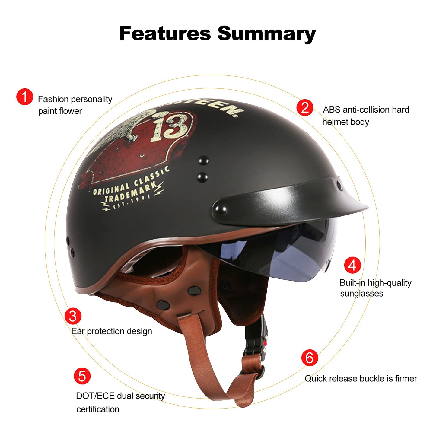 BOSERMEM Motorcycle Helmet With Goggles DOT/ECE Approved, Jet Roller Scooter Moped Chopper Vintage (Matte Black, M 57-58cm)