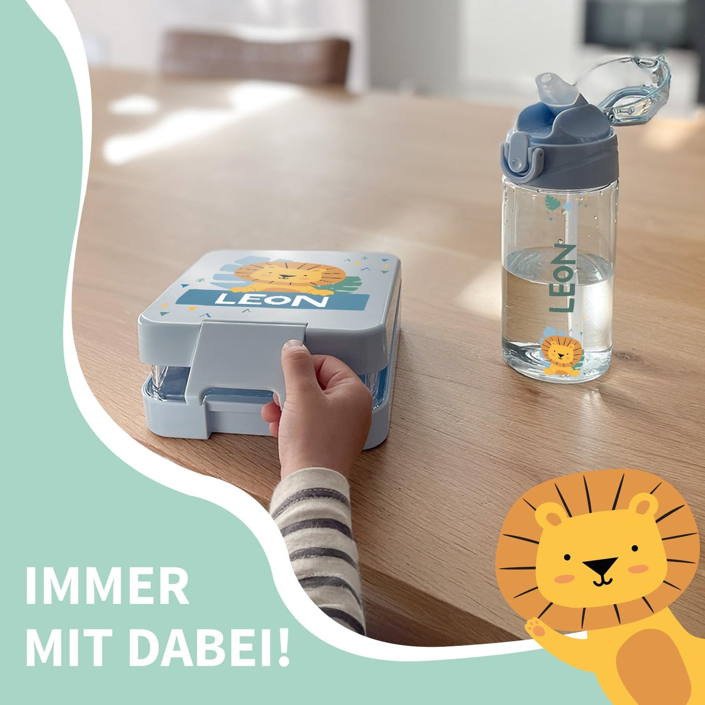 Well-marked - Set with personalized water bottle for kids & personalized plastic lunch box for kids - water bottle with straw and 450ml - 100% BPA-free (Petrol)