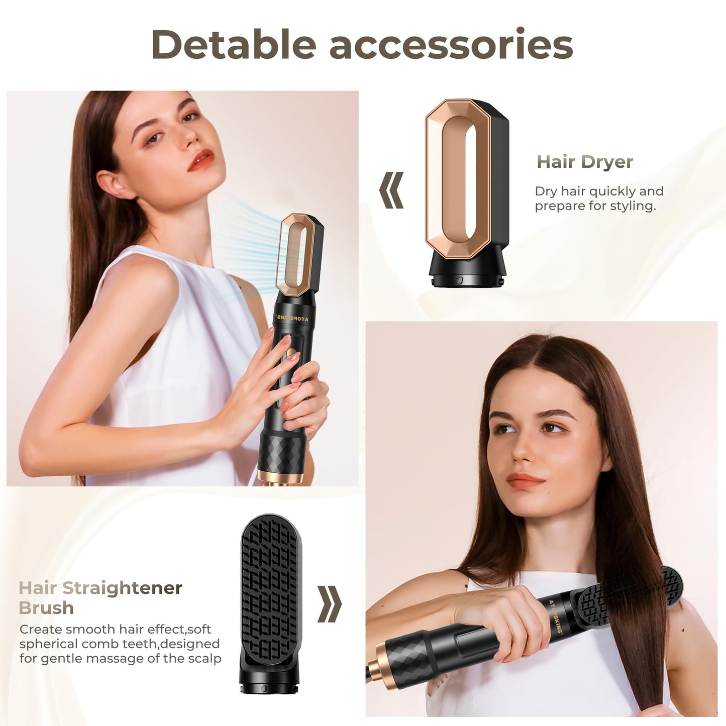 6 in 1 Hot Air Brush Set, Airstyler, with 6 attachments: 1000W Hairdryer, Round Brush Dryer Thermal Brush Airflow Curling Iron Automatic, Blow Dry Brush, Straightening Brush, Straighten, Curl, and Blow Dry Wet Hair.