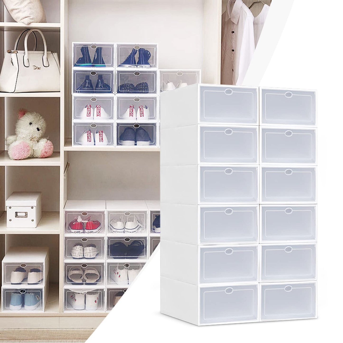 SABUIDDS Large Shoe Box 20-pack Clear Shoe Boxes Storage with Lid Plastic Shoe Organizer for Flat Shoes, High Heels, Sneakers, and Slippers, White