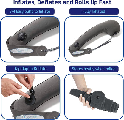 Travelrest Ultimate Travel Pillow for Neck and Body, inflatable, space-saving, for sleeping on long flights, napping on road trips, for traveling in car and bus, Gray.