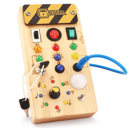 Montessori Busy Board Activity Board for 1 year and up. Wooden toy with 15 LED light switch toys. Sensory learning toy for babies and toddlers ages 1-3.