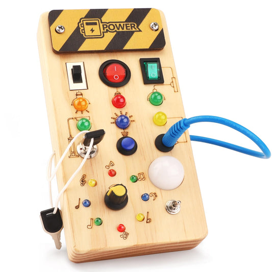 Montessori Busy Board Activity Board for 1 year and up. Wooden toy with 15 LED light switch toys. Sensory learning toy for babies and toddlers ages 1-3.