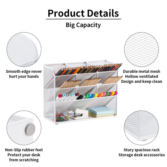 Marbrasse Mesh Desk Organizer, Multifunctional Pen Holder, Desk Organizer, Storage Shelf for School and Home Office Supplies (White)
