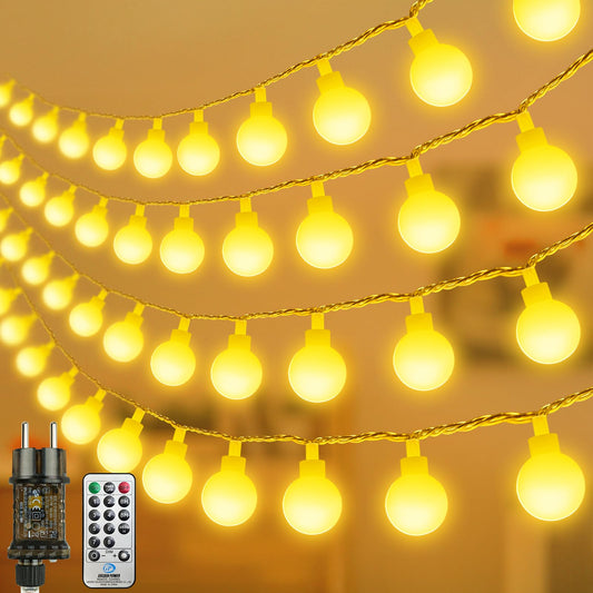 LED String Lights Powered by Plug, 27m Ball String Lights in warm white for Outdoor and Indoor Use, IP65 Waterproof String Lights with Dimmable Remote Control, Ideal for Rooms, Christmas, Parties, Gardens.