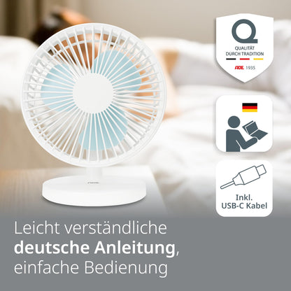 ADE fan very quiet | USB desk fan 3 speeds | battery up to 7.5 h runtime | 2,000 mAh | 90° tilt angle | lightweight and flexible | white