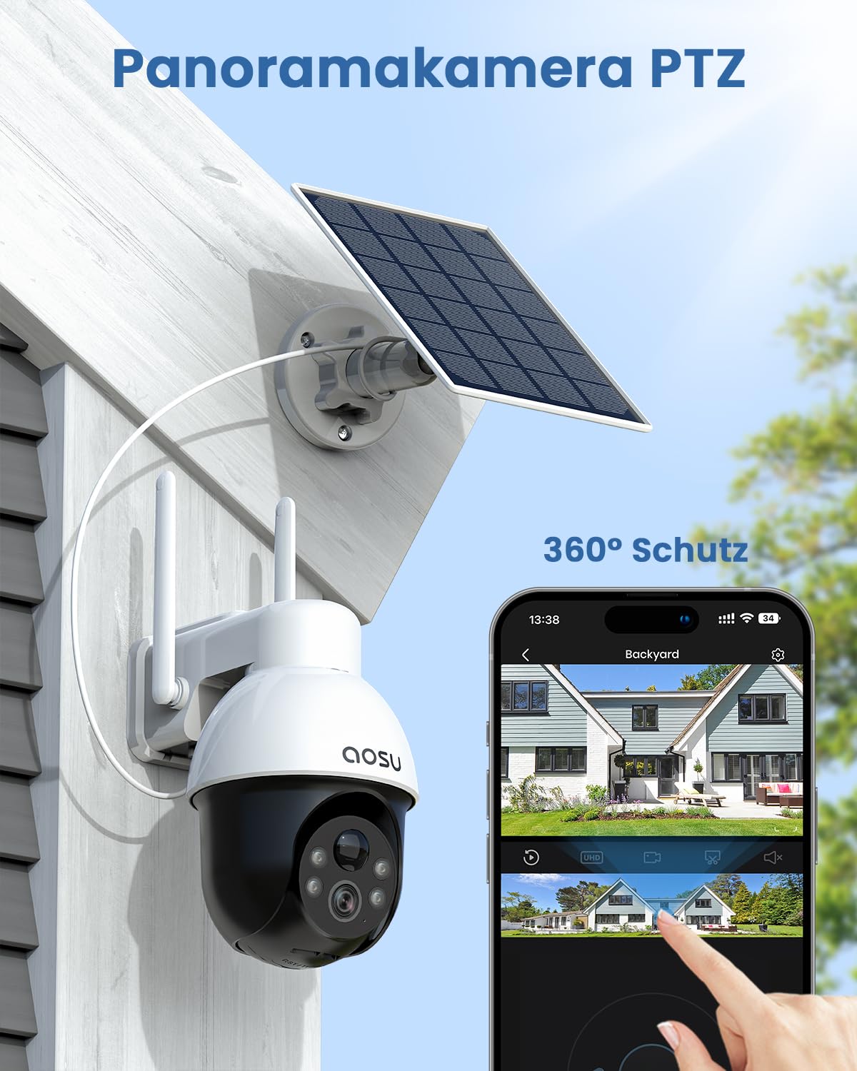AOSU 3K Outdoor Battery Solar Surveillance Camera, 5MP Wireless WiFi Outdoor Security Camera, 360° Panoramic PTZ, Auto Tracking, Night Vision, 2 Pack.