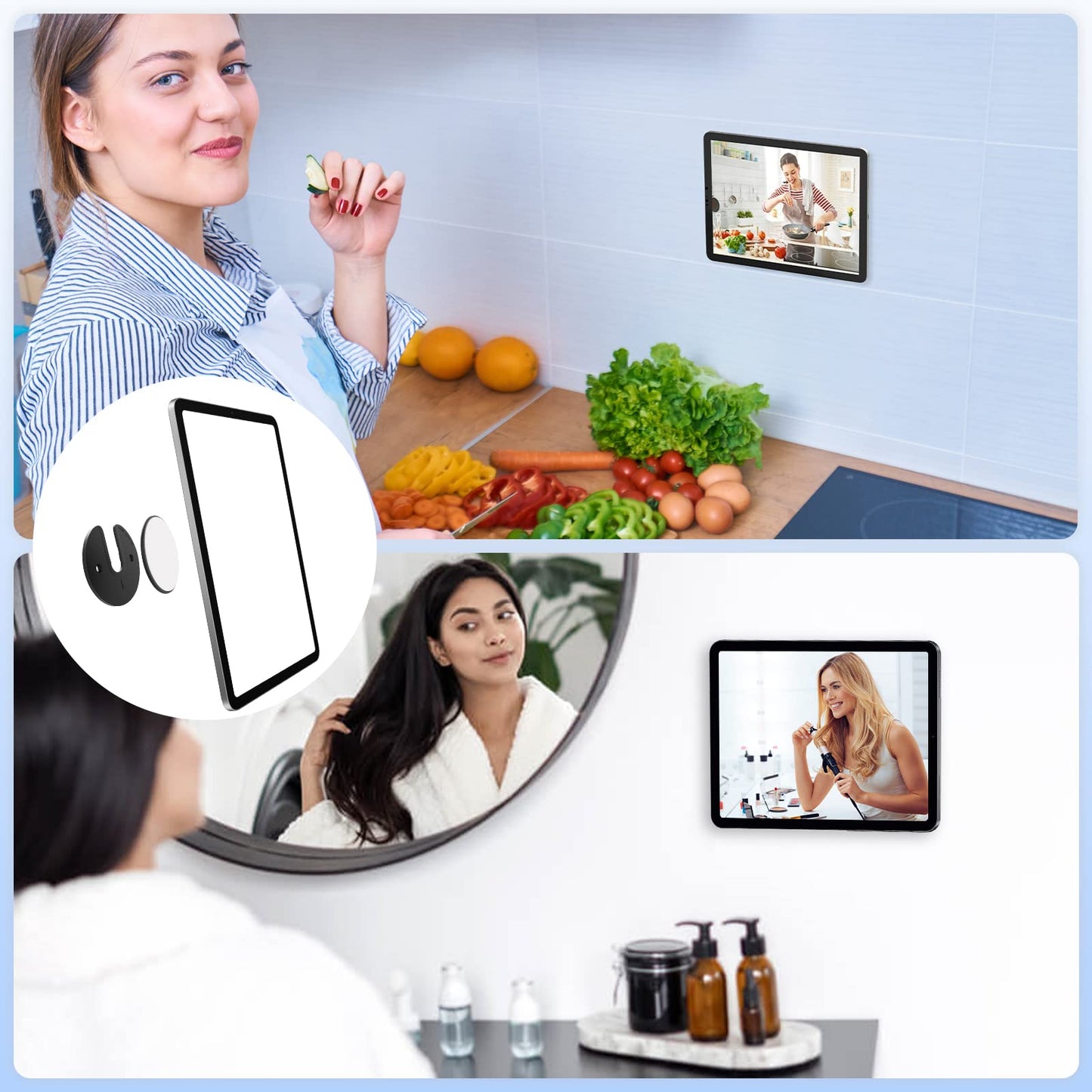 MoKo Tablet Wall Mount, 2 Pack 90° Rotatable iPad Wall Mount, Round Phone Kitchen Wall Mount with Adhesive & Screw, Adjustable Tablet Holder Wall Mount Compatible with Phone Tablet Kindle WiFi, Black