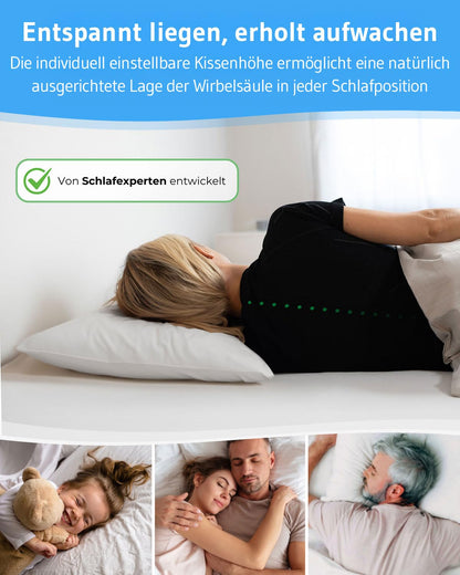 VERDA Pillow - Pillow 40x60 Made in Germany, 100% sustainable, Orthopedic Sleep Pillow 40 x 60 made from recycled fibers, adjustable height for stomach, back, side sleepers, suitable for allergy sufferers
