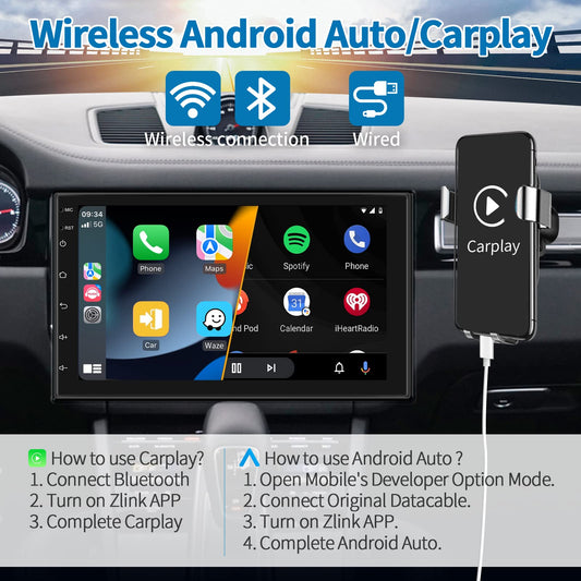 Android double DIN car stereo with Carplay, wireless Android Auto, 7-inch touchscreen, Bluetooth/GPS navigation, FM RDS radio. Car multimedia player with WiFi, USB, and rearview camera.
