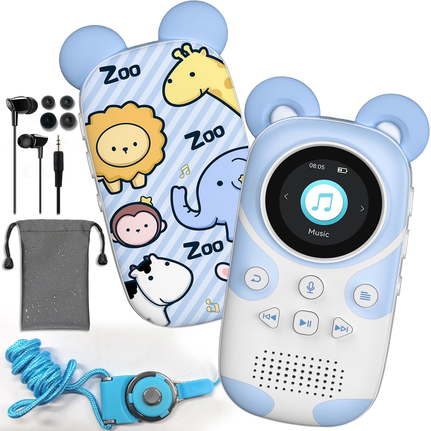 RUIZU 64GB MP3 Player for Kids Bluetooth 5.3 with headphones speaker Supports FM radio, alarm clock, one-touch recording, stopwatch function.