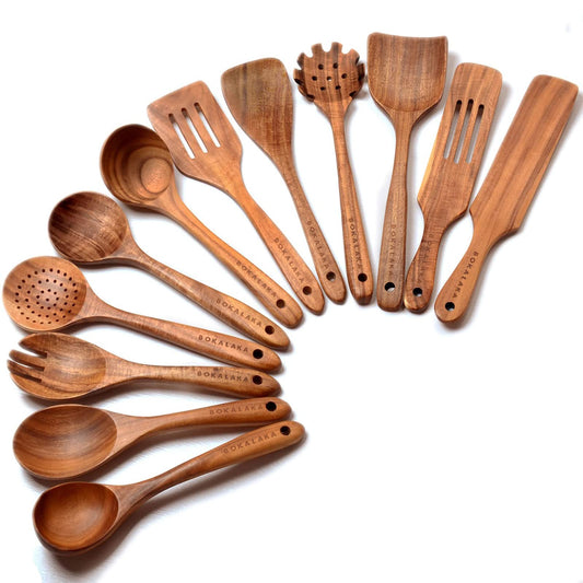 Wooden cooking spoon, set of 12, wood cooking utensils, kitchen utensil set, wooden cooking utensils, natural teak wood, wooden spatula for cooking.