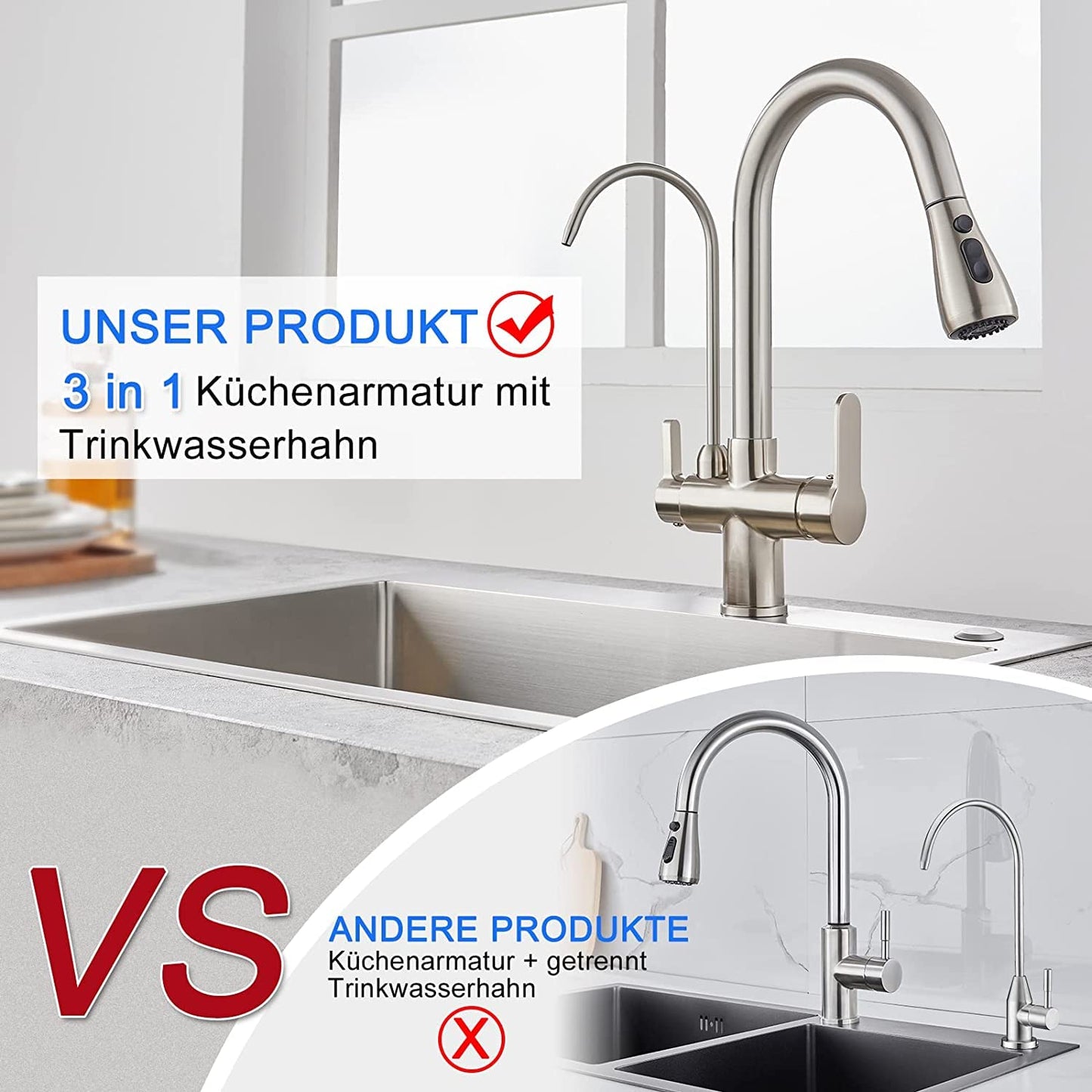 KEOKBON Kitchen Faucet with Drinking Water Faucet, 3-Way Kitchen Tap with High Arc, 3 in 1 Mixer Tap for Sink, Cold and Hot (Brushed Nickel)