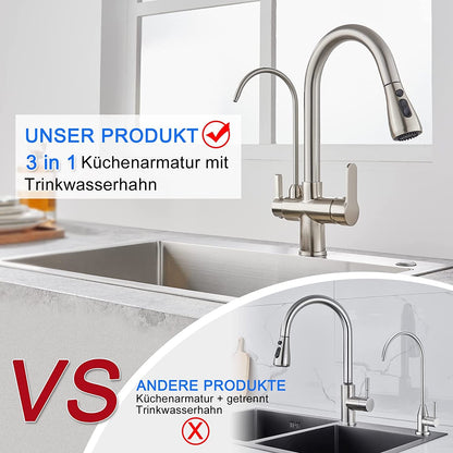 KEOKBON Kitchen Faucet with Drinking Water Faucet, 3-Way Kitchen Tap with High Arc, 3 in 1 Mixer Tap for Sink, Cold and Hot (Brushed Nickel)
