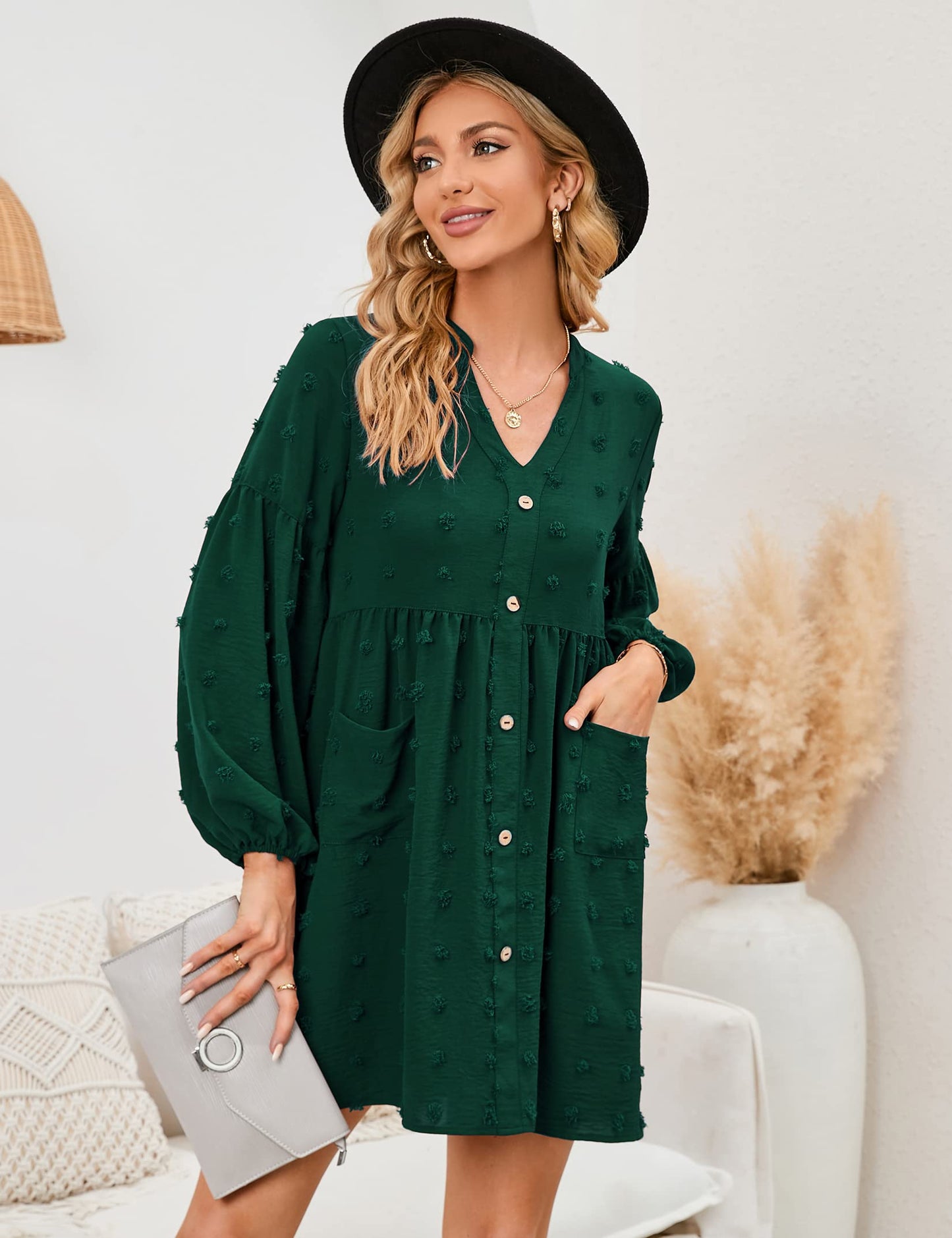 KOJOOIN Women's Tunic Dress Long Sleeve Swing Dress Short V-Neck Button Down Shirt Dress Swiss Dot Casual Mini Dress Leisure Dress with Pockets (Packaging MULTIPLE), A-Dark Green, S
