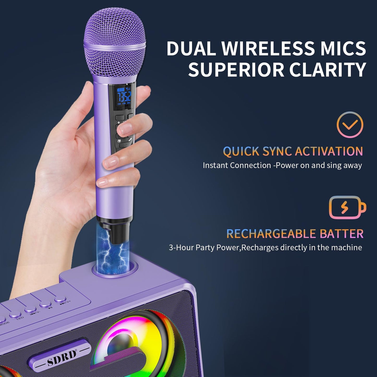 Karaoke Machine for Adults and Kids with 2 UHF Wireless Microphones, Portable Bluetooth Singing Speaker, PA System with Disco Lights, Cell Phone Holder for Home, Party, Picnic (Purple)