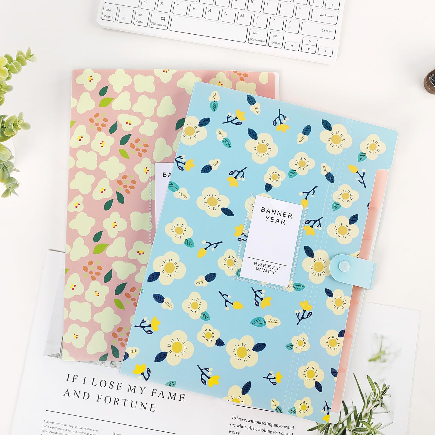 KONVINIT A4 expanding file folder with 7 compartments, floral design. Portable organizer for school, home, work, or office. Comes with labels. Set of 2.