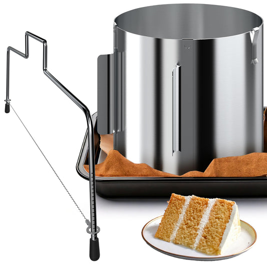 Menz Set cake slicer adjustable + cake ring adjustable height 15 cm - 2-piece stainless steel cake accessory set, baking set, baking accessories for cake preparation